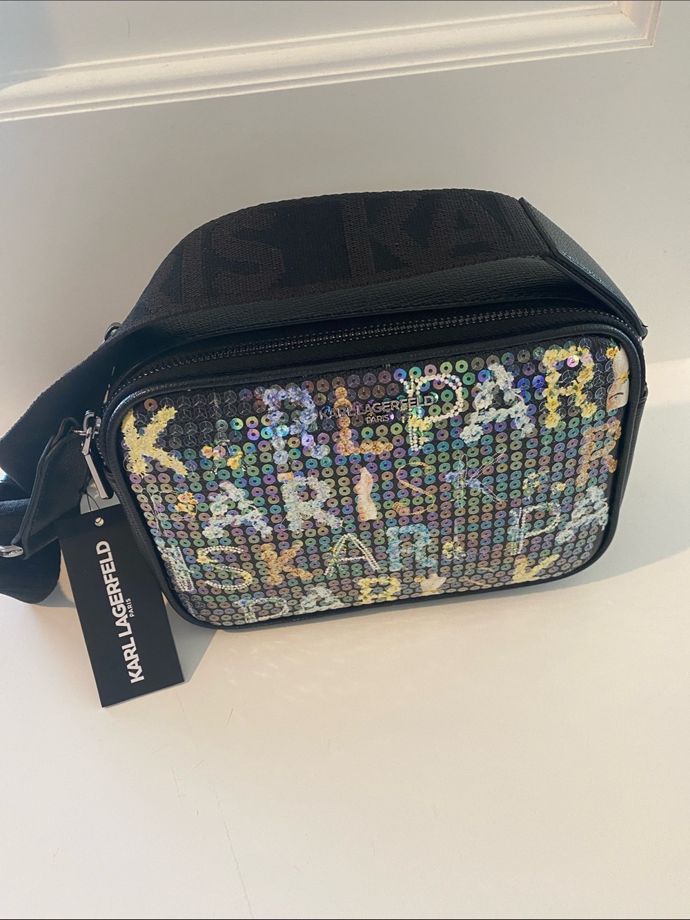 Karl Lagerfeld Black Iridescent Sequin Belt Bag